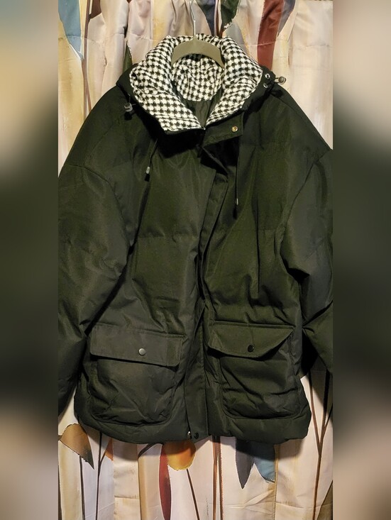 Temu Other - Men's Hooded Puffer Jacket with Houndstooth Lining - Black